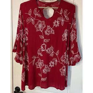 Davina Red Tunic White Embroidery Bell Sleeve Key Hole Back Loose Top 0X (10-12)